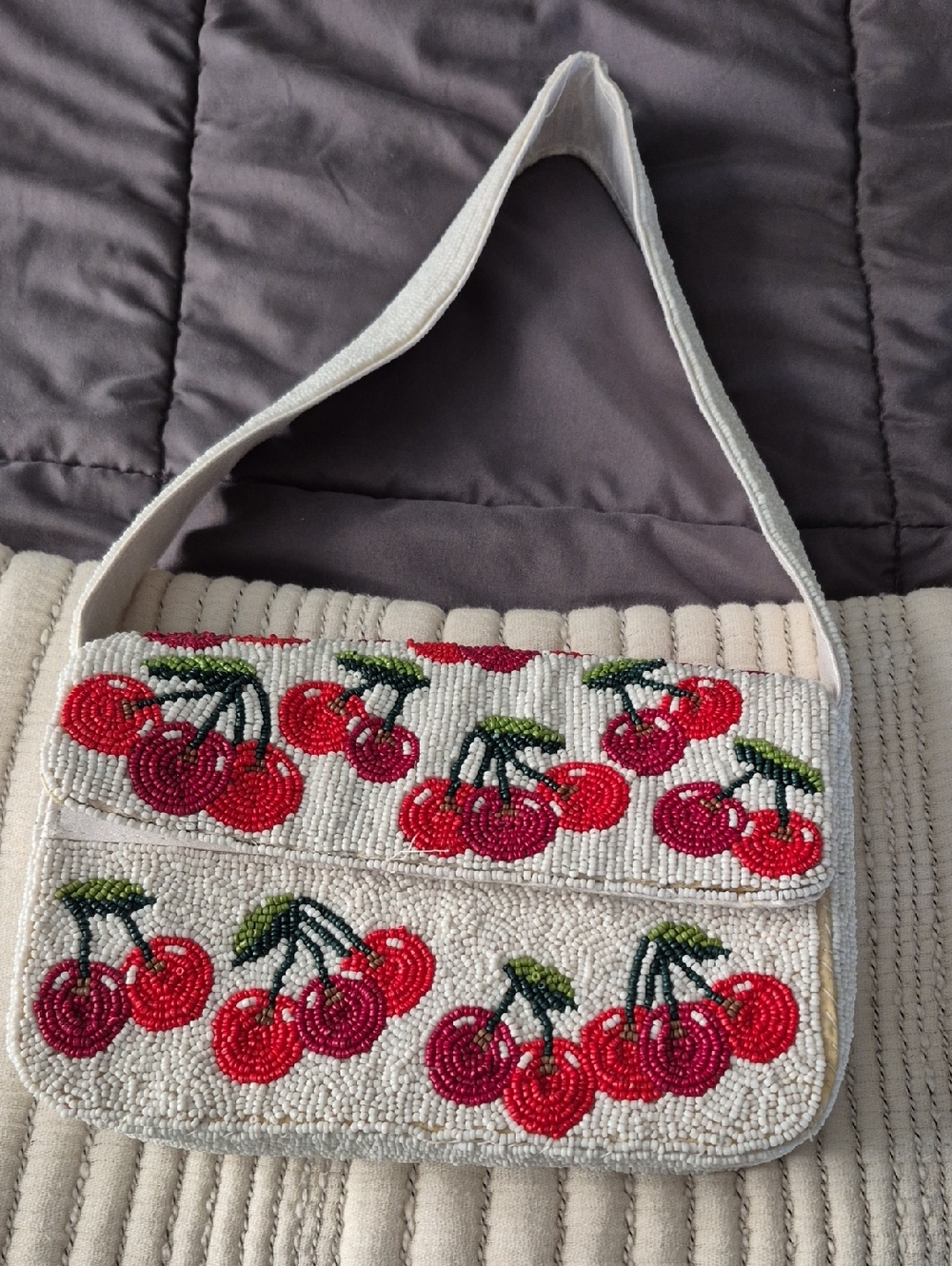 Beaded Cherry Shoulder Bag in Cream and Red